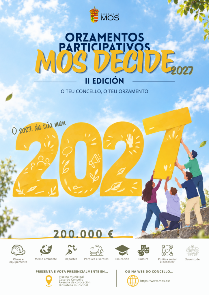 Cartel de Mos Decide 2027, orzamentos participativos, II edición: O teu Concello, o teu orzamento. O 2027, da túa man. 200.000 euros para propostas de obras e equipamento, medio ambiente, deportes, parques e xardíns, educación, cultura, política social e benestar e xuventude. Presenta e vota presencialmente na Piscina municipal, a Casa do Concello, a Axencia de colocación e a Biblioteca municipal, ou na web do Concello, www.mos.es.